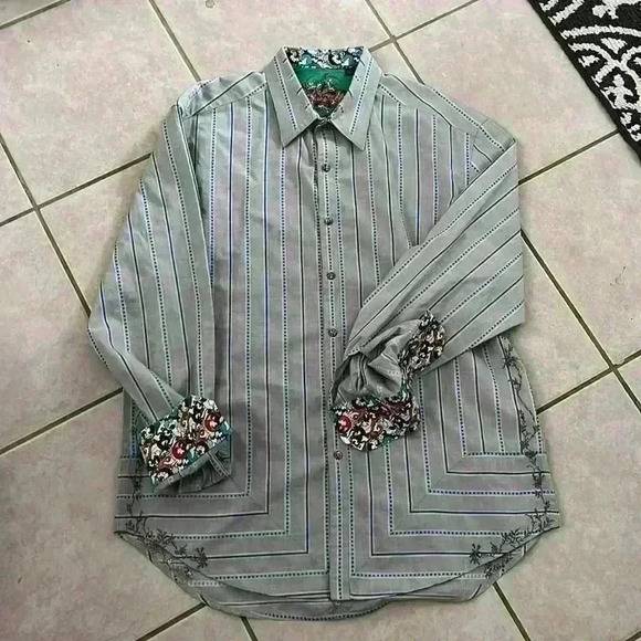 Robert Graham Gray/Blue stripped colorful Button Down Shirt sz large L - Picture 3 of 11